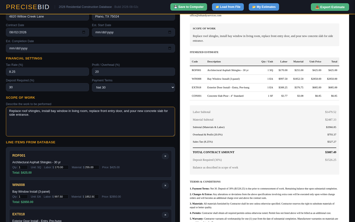 PreciseBid contract document generated from an estimate, with company and client info filled in