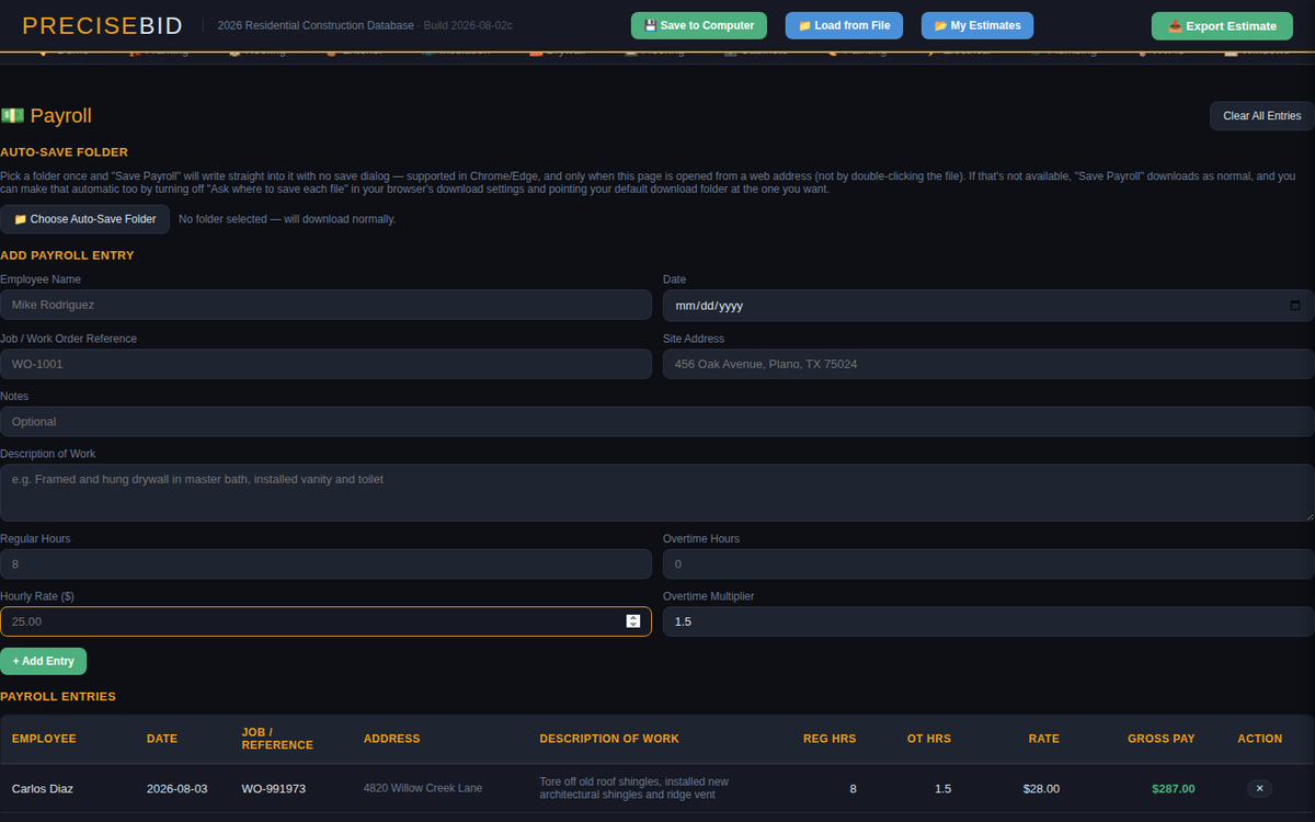 PreciseBid payroll tab tracking employee hours and pay