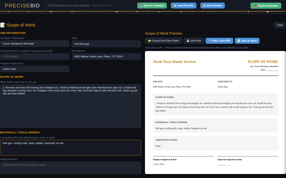 PreciseBid scope of work document with task list for an employee