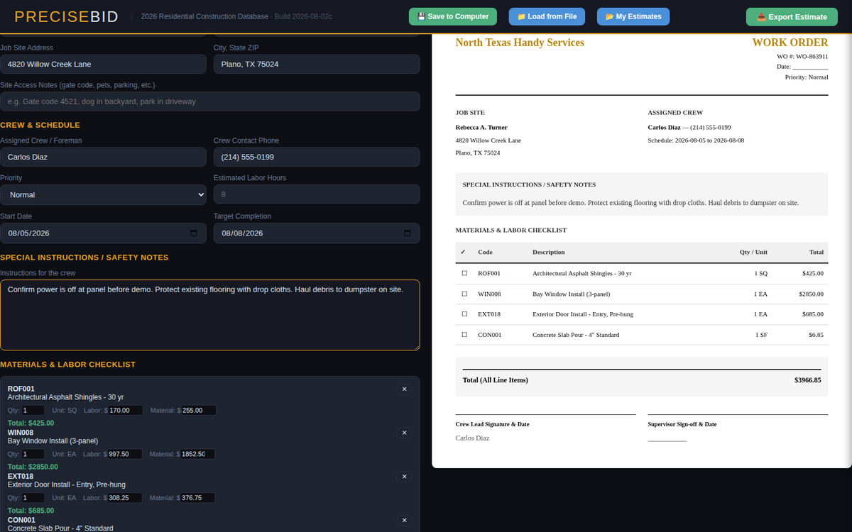 PreciseBid work order with crew assignment and materials checklist